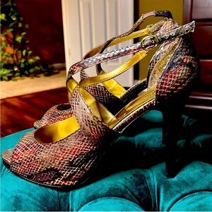 Snake-Print Strappy High Heels - size 8.5